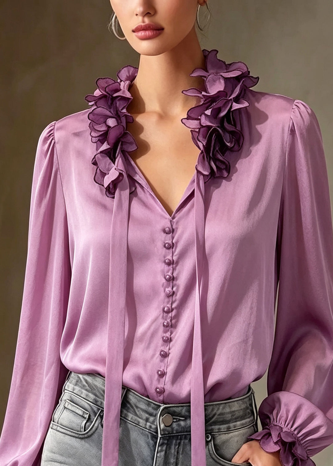 Chic Purple Ruffled Floral Patchwork Silk Top Fall