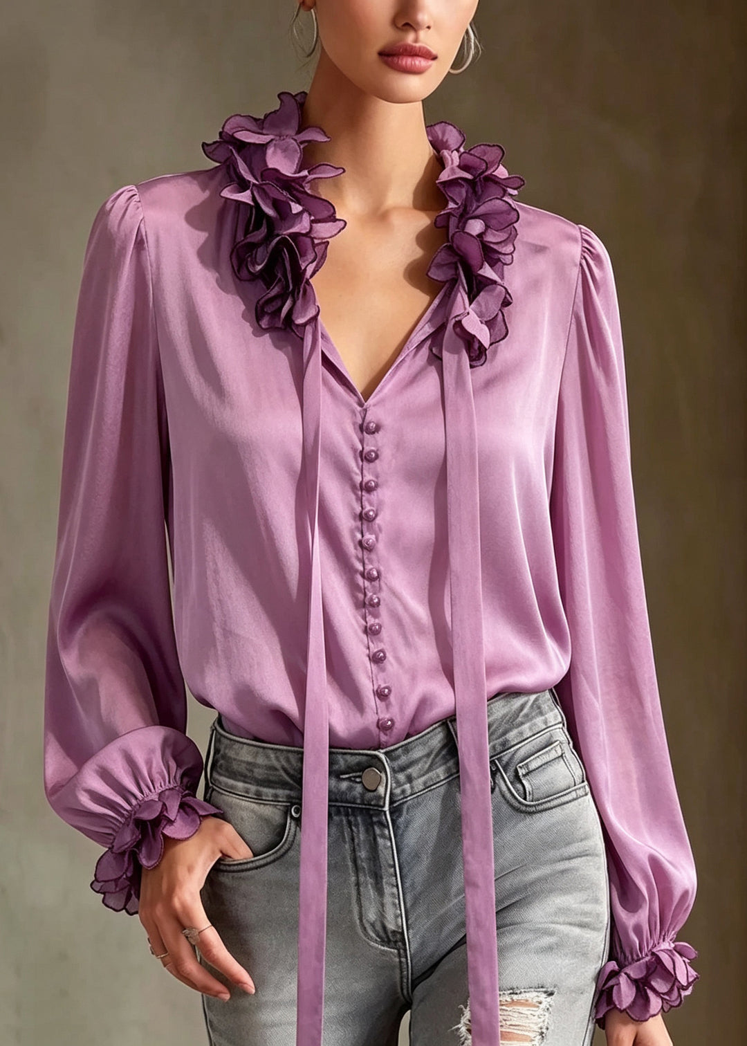 Chic Purple Ruffled Floral Patchwork Silk Top Fall