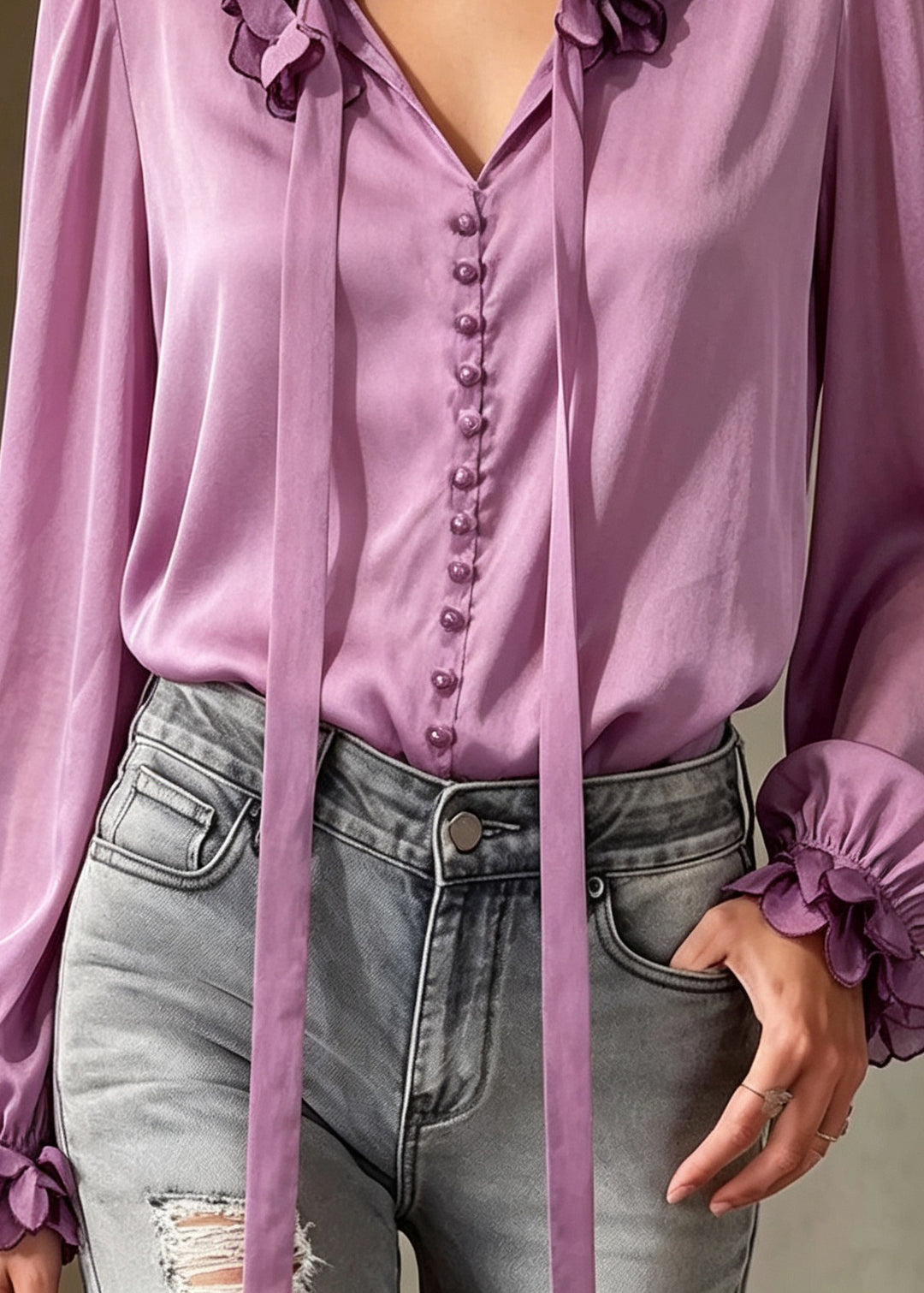 Chic Purple Ruffled Floral Patchwork Silk Top Fall