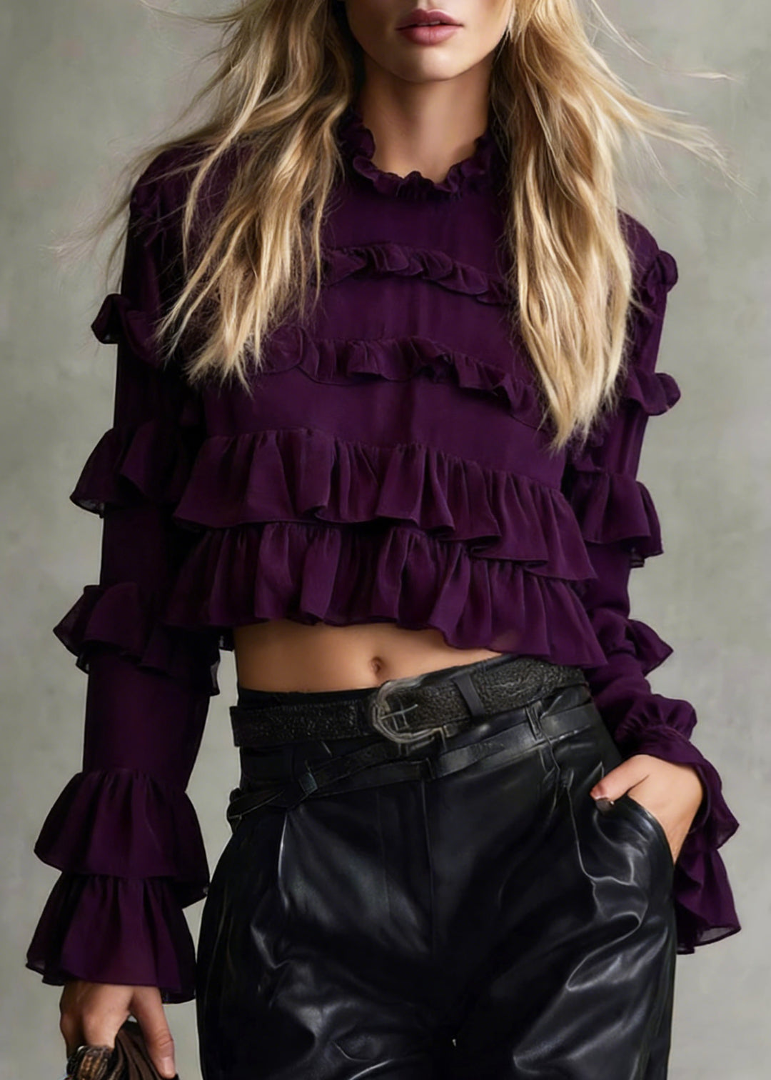 Chic Purple Ruffled Patchwork Chiffon Blouse Tops Spring