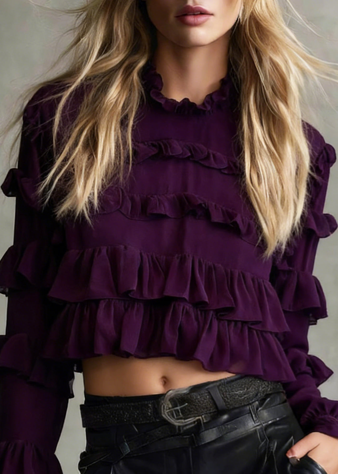 Chic Purple Ruffled Patchwork Chiffon Blouse Tops Spring