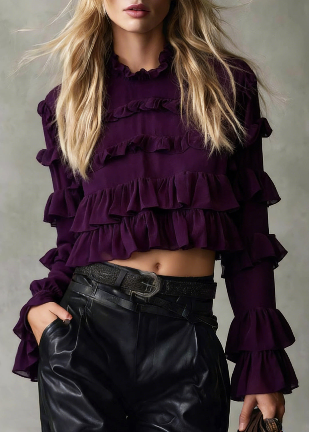 Chic Purple Ruffled Patchwork Chiffon Blouse Tops Spring