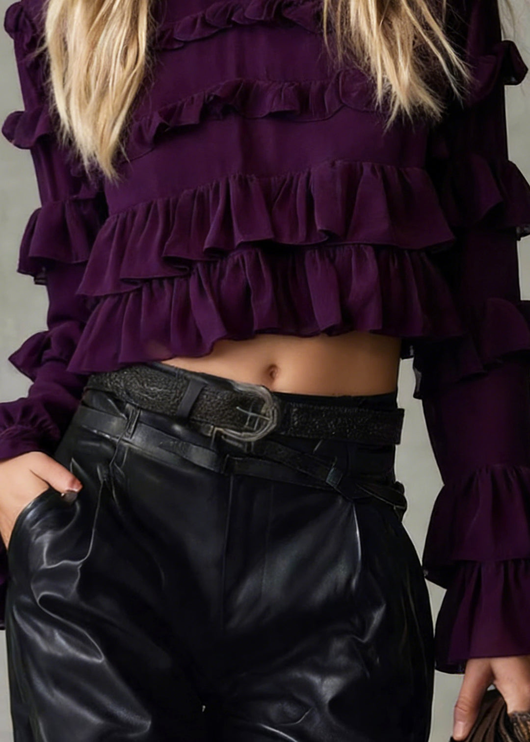 Chic Purple Ruffled Patchwork Chiffon Blouse Tops Spring