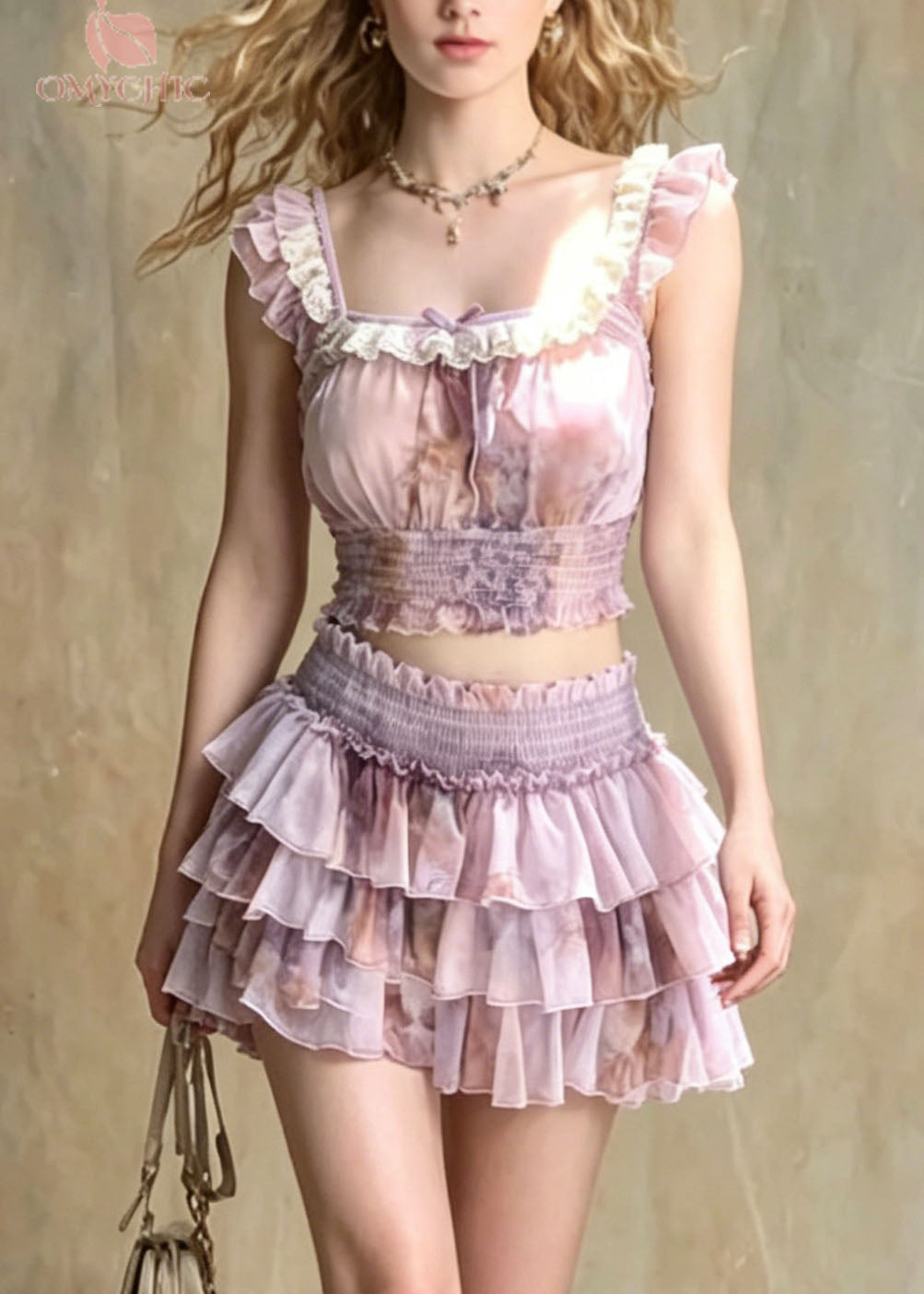 Chic Purple Ruffled Patchwork Tulle Two Pieces Set Summer
