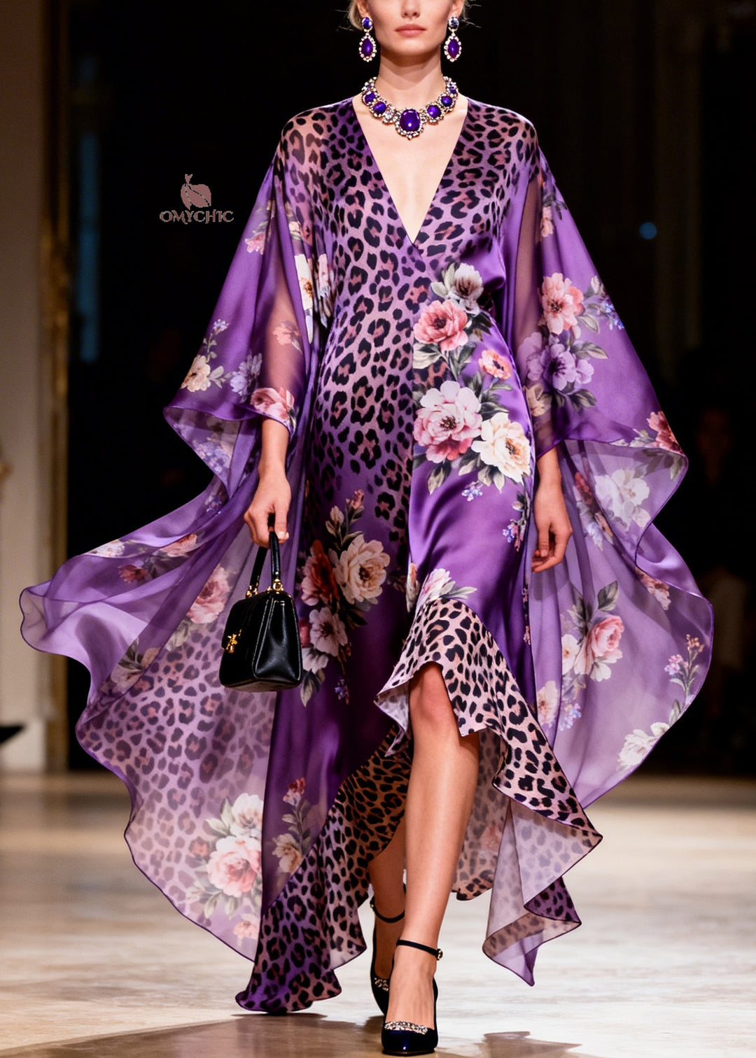 Chic Purple V Neck Asymmetrical Design Print Silk Robe Dresses Summer