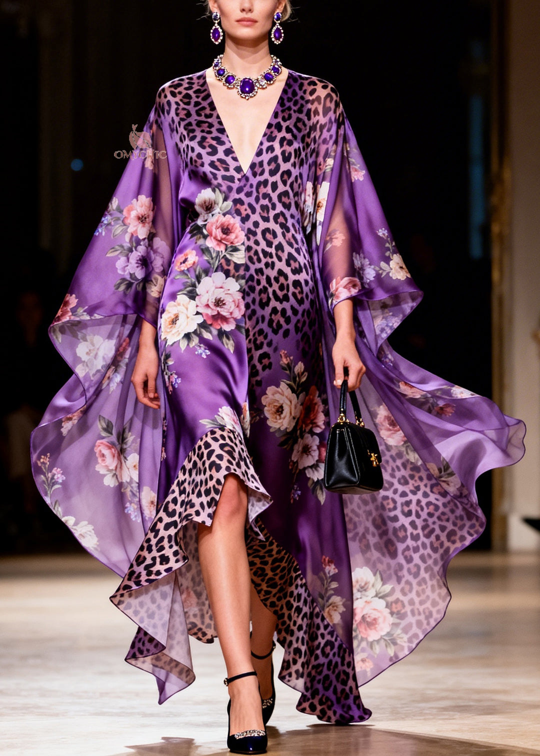 Chic Purple V Neck Asymmetrical Design Print Silk Robe Dresses Summer
