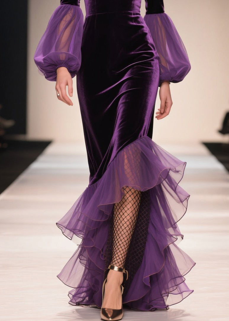 Chic Purple V Neck Asymmetrical Ruffled Patchwork Velvet Dresses Fall
