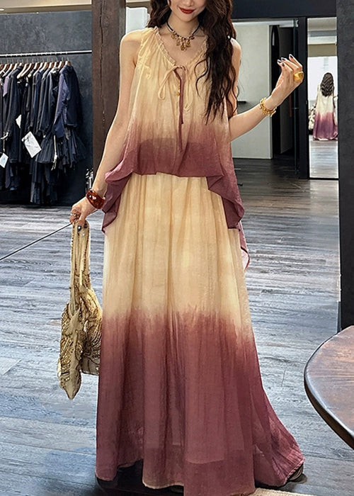Chic Purple V Neck Ruffled False Two Pieces Linen Silk Dress Summer