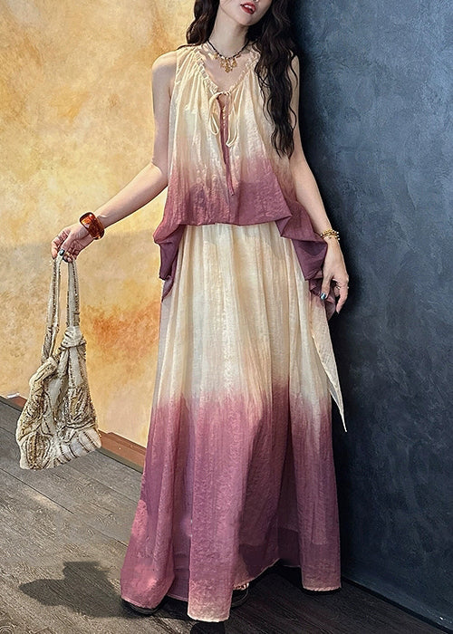 Chic Purple V Neck Ruffled False Two Pieces Linen Silk Dress Summer