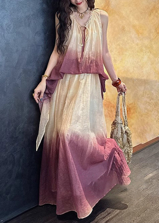 Chic Purple V Neck Ruffled False Two Pieces Linen Silk Dress Summer