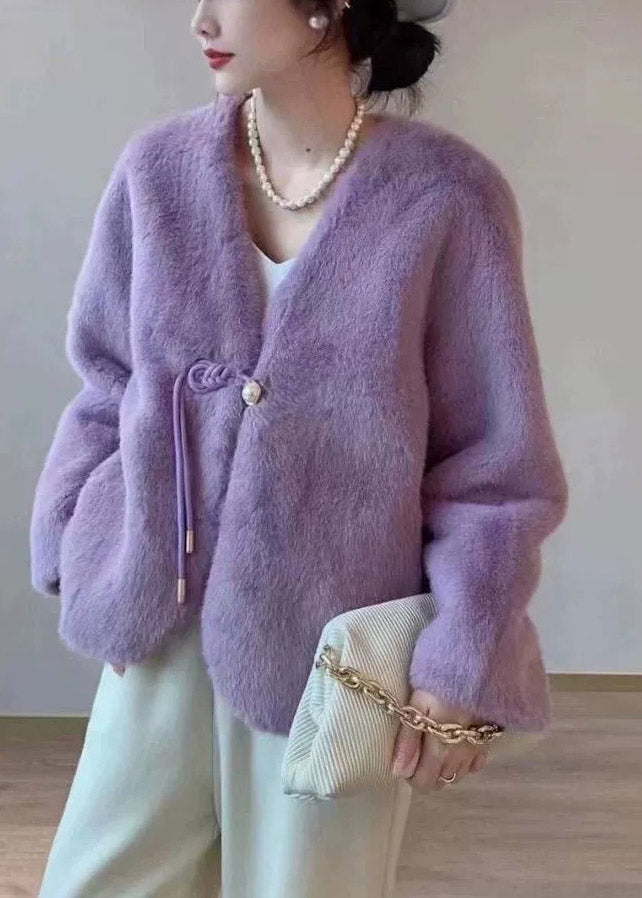 Chic Purple V Neck Tassel Faux Fur Short Jacket Winter