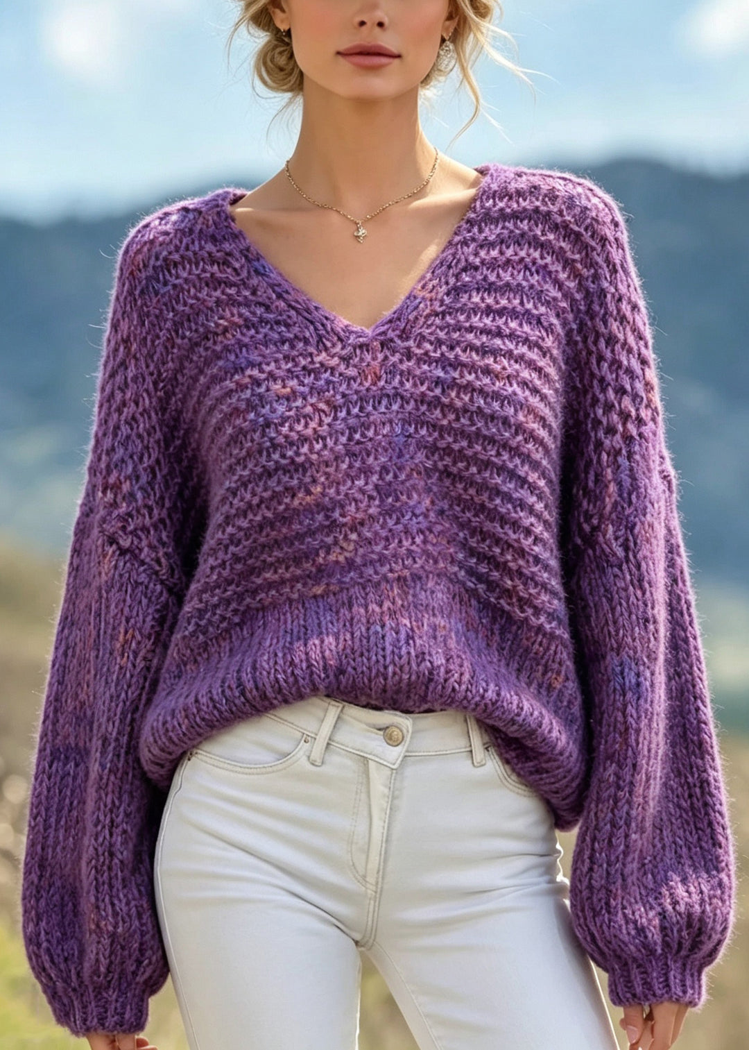 Chic Purple V Neck Thick Patchwork Knit Sweaters Fall