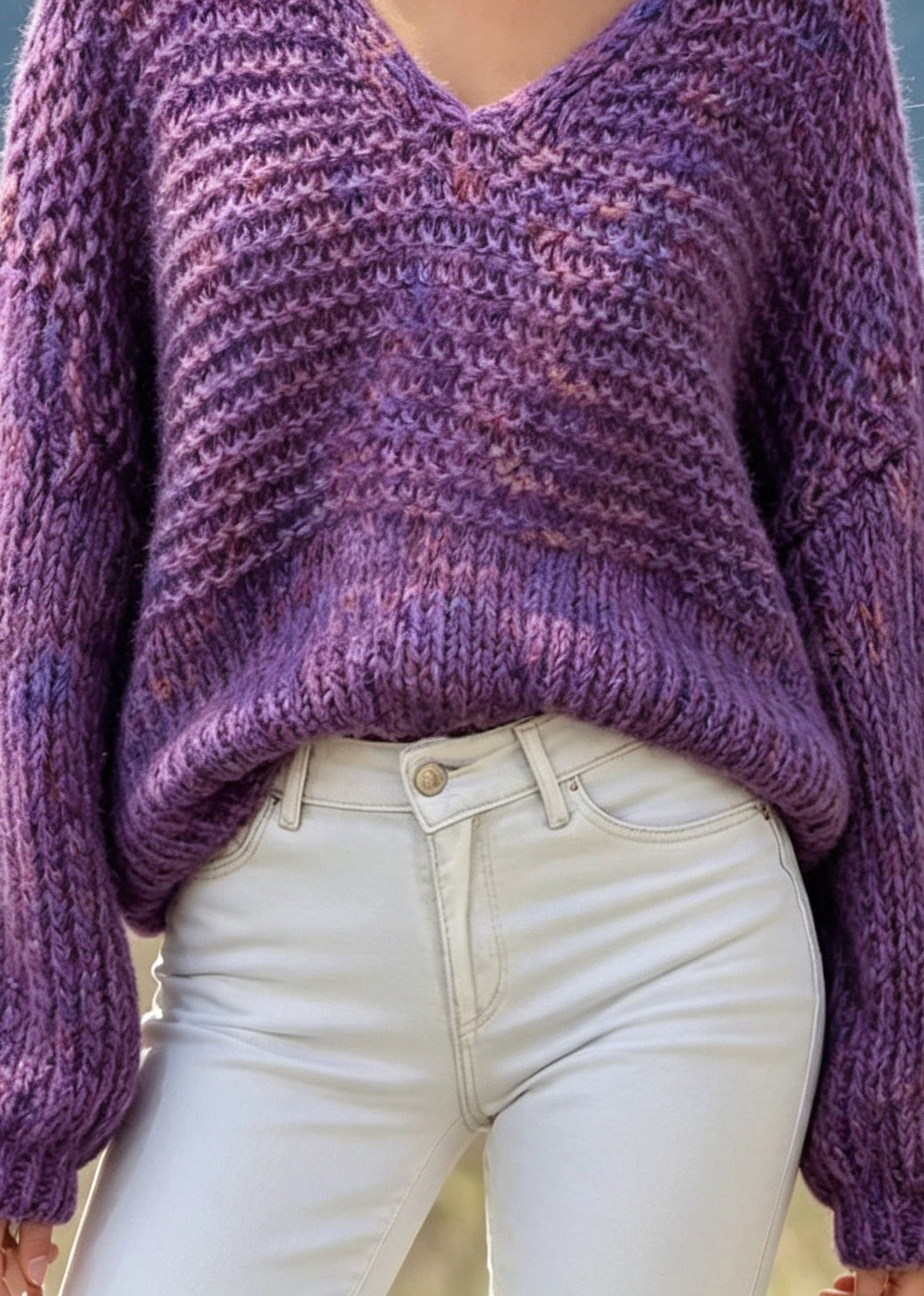 Chic Purple V Neck Thick Patchwork Knit Sweaters Fall