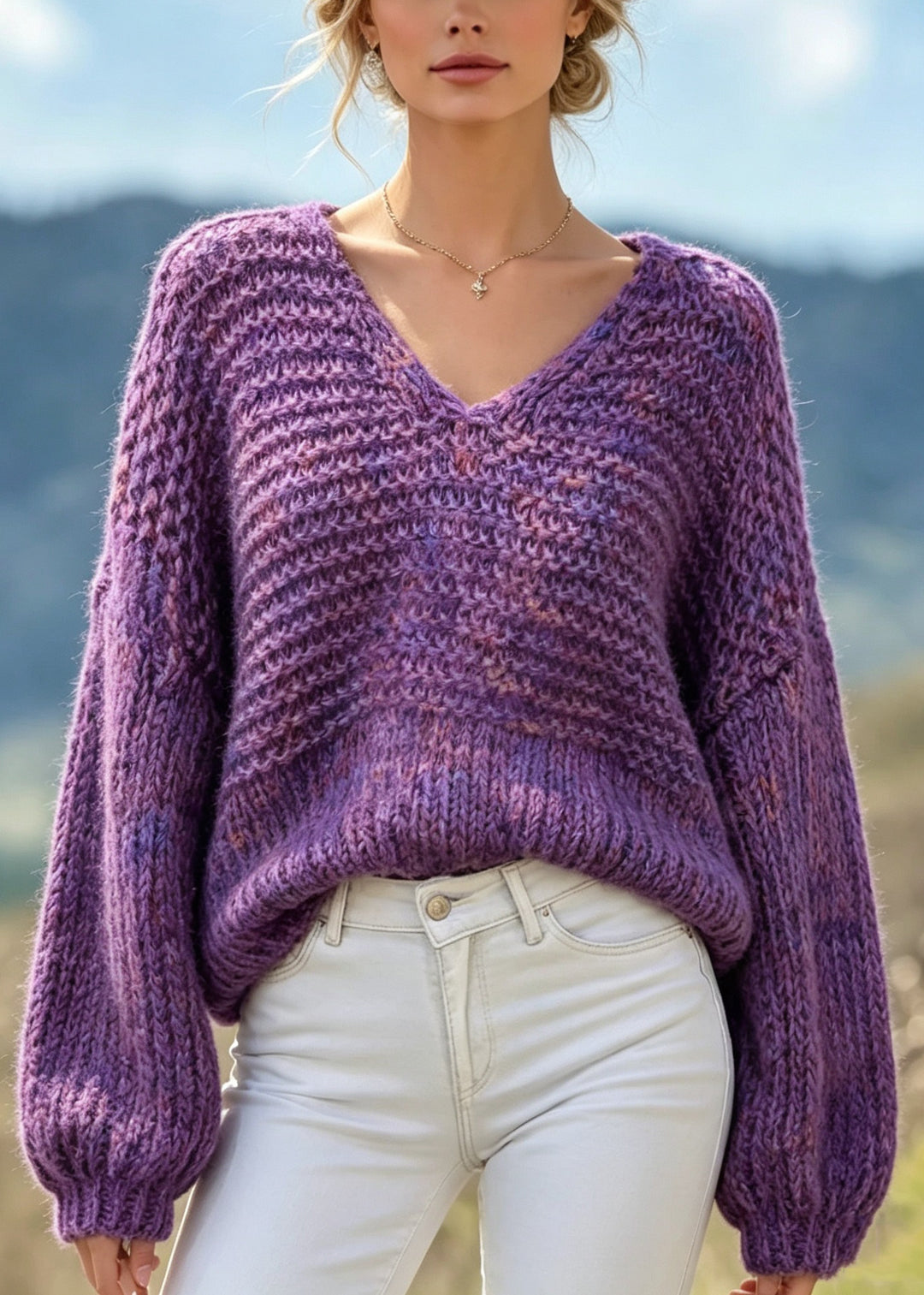 Chic Purple V Neck Thick Patchwork Knit Sweaters Fall