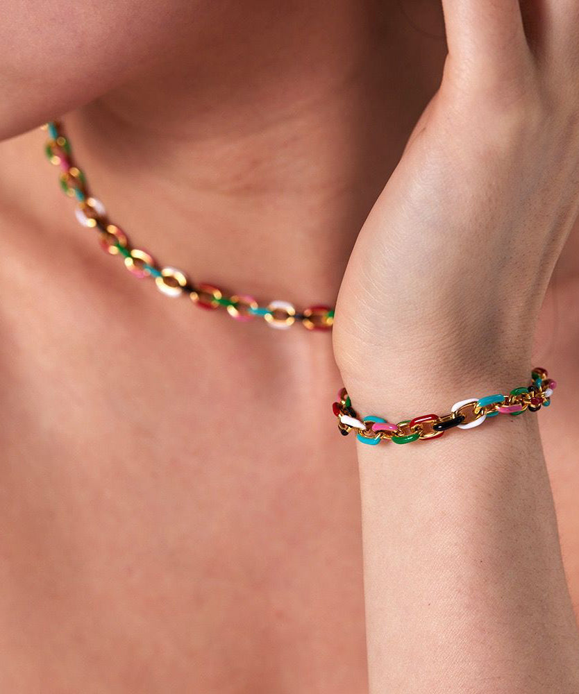 Chic Rainbow Stainless Steel Drip Glaze Enamel Bracelet And Pendant Necklace Two Piece Set