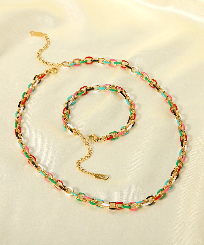 Chic Rainbow Stainless Steel Drip Glaze Enamel Bracelet And Pendant Necklace Two Piece Set