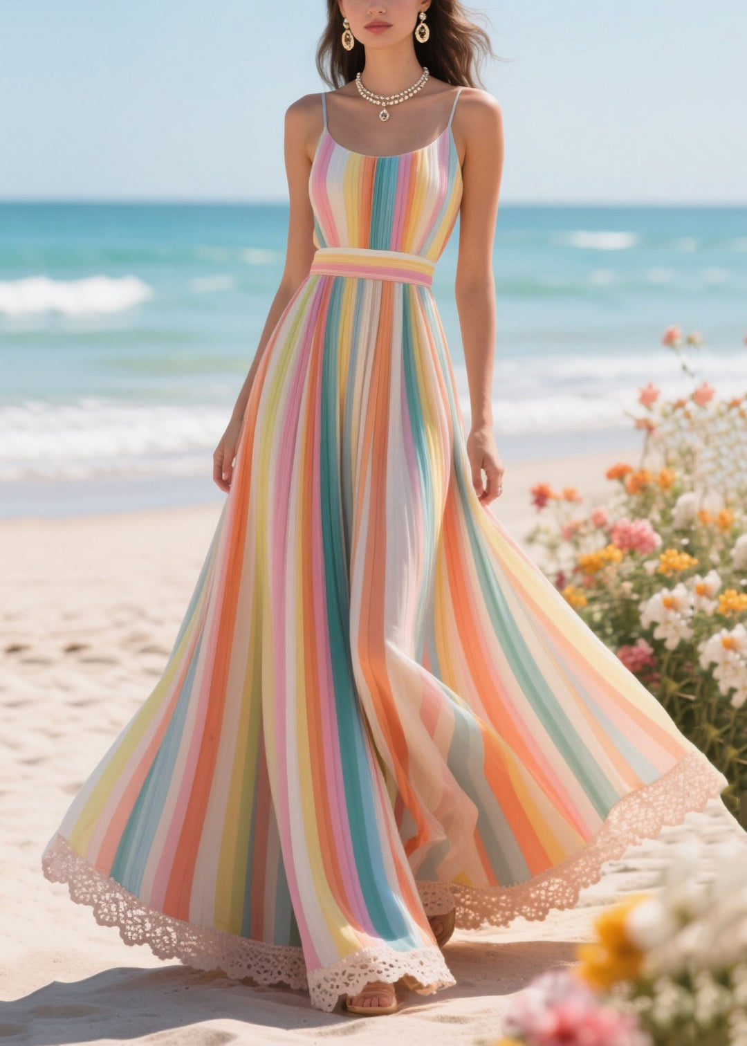 Chic Rainbow Striped Exra Large Hem Chiffon Beach Dress Summer