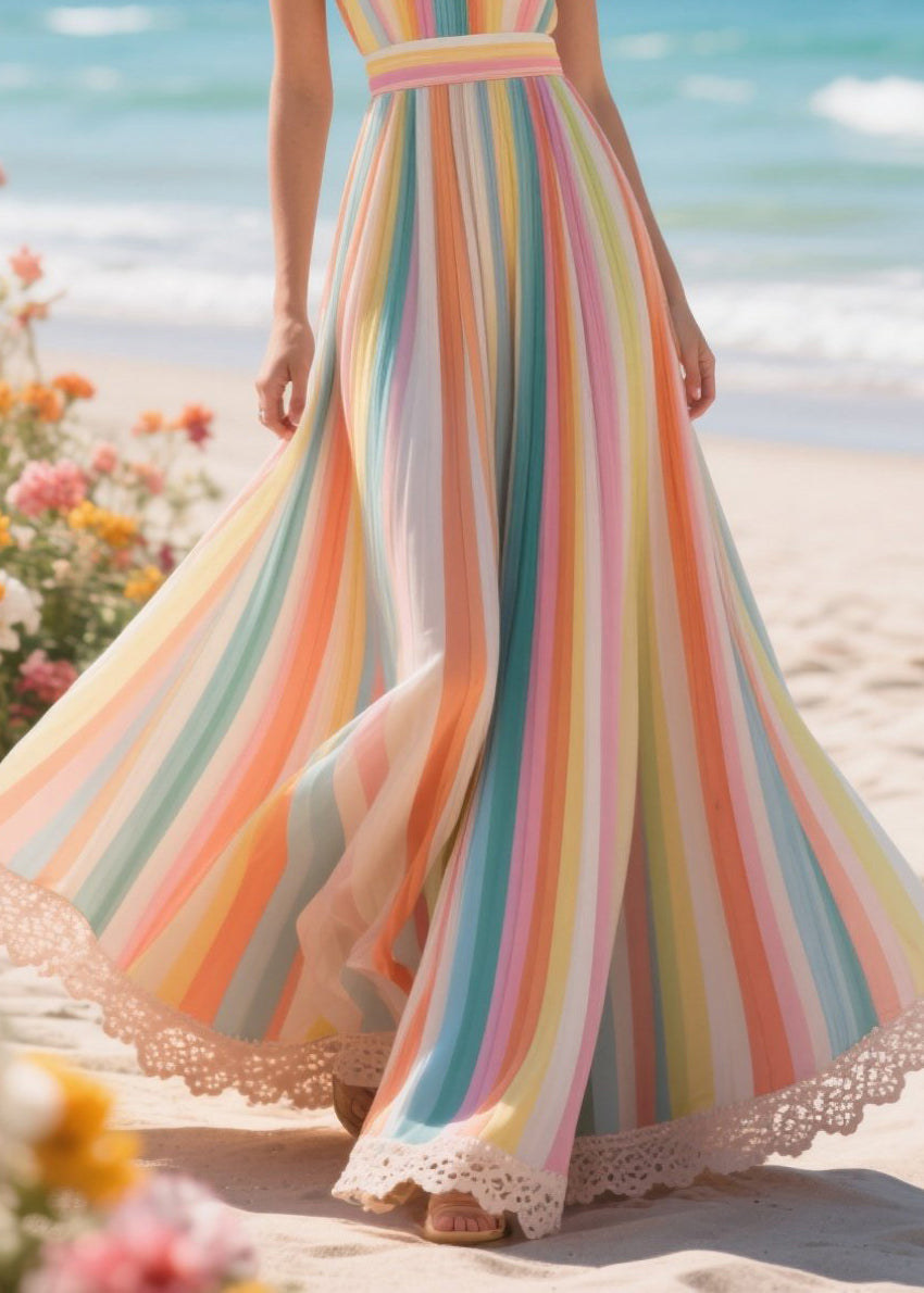 Chic Rainbow Striped Exra Large Hem Chiffon Beach Dress Summer