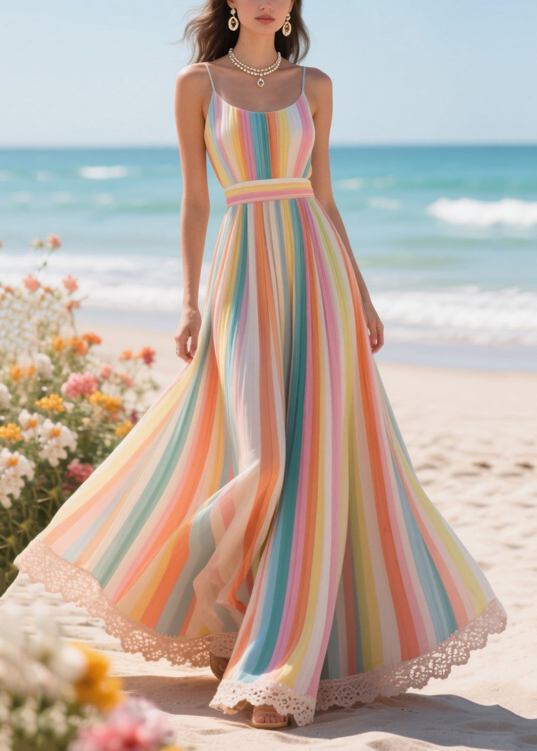 Chic Rainbow Striped Exra Large Hem Chiffon Beach Dress Summer