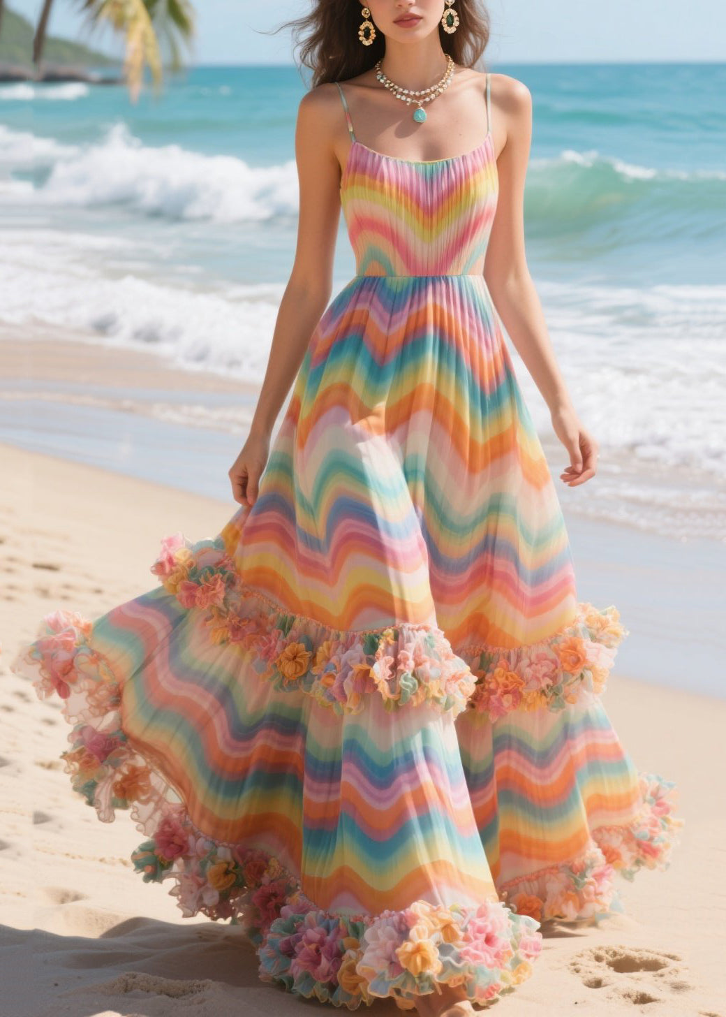 Chic Rainbow Striped Three-dimensional Flower Chiffon Long Dress Summer