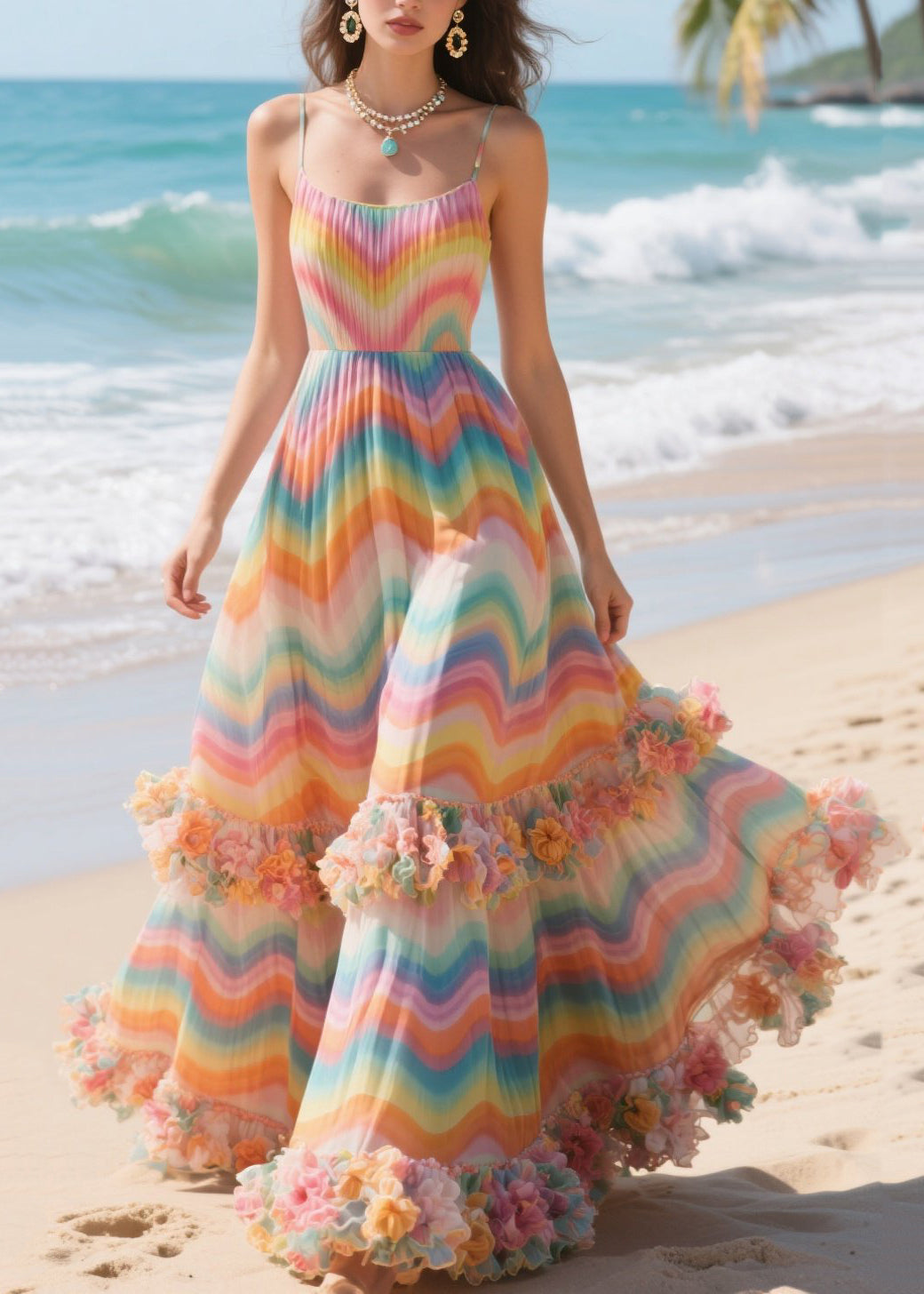 Chic Rainbow Striped Three-dimensional Flower Chiffon Long Dress Summer