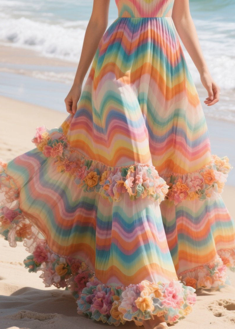 Chic Rainbow Striped Three-dimensional Flower Chiffon Long Dress Summer