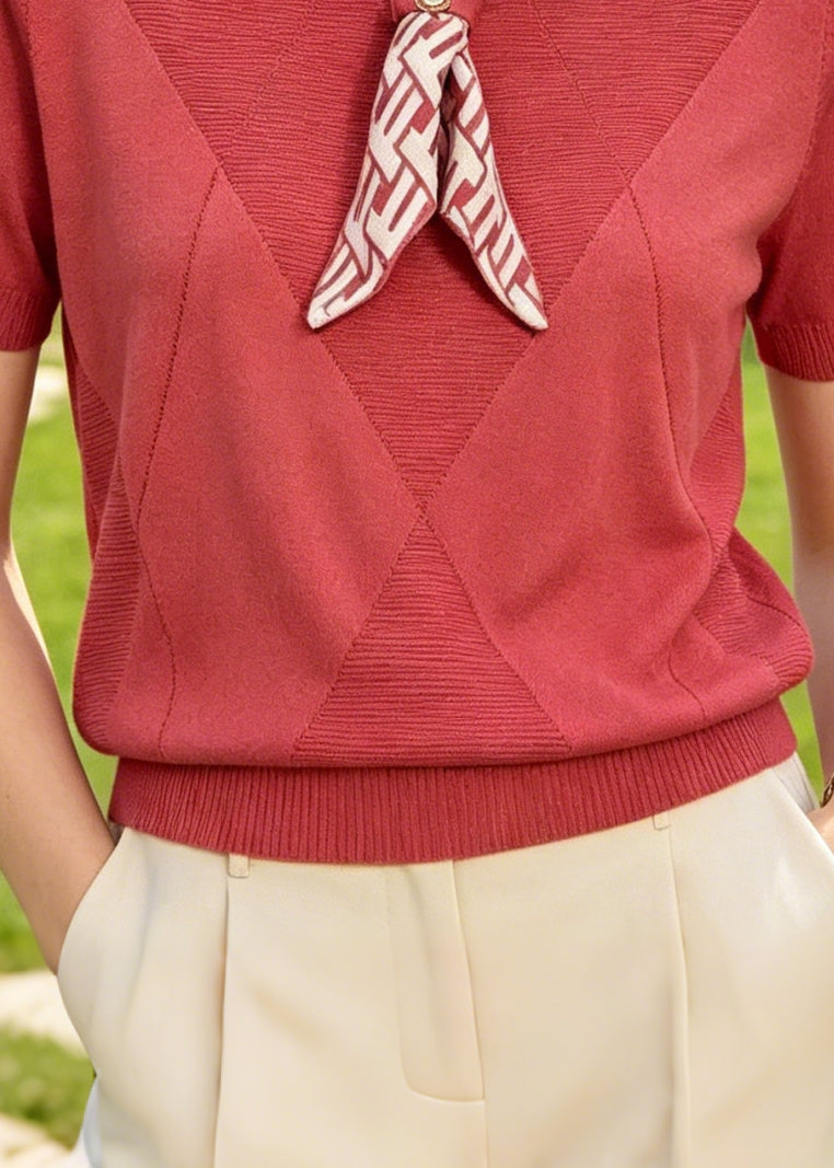 Chic Red Bow Knit Shirt Tops Summer