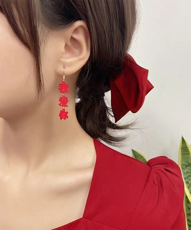 Chic Red Copper Alloy I Love You China Hollow Out Drop Earrings