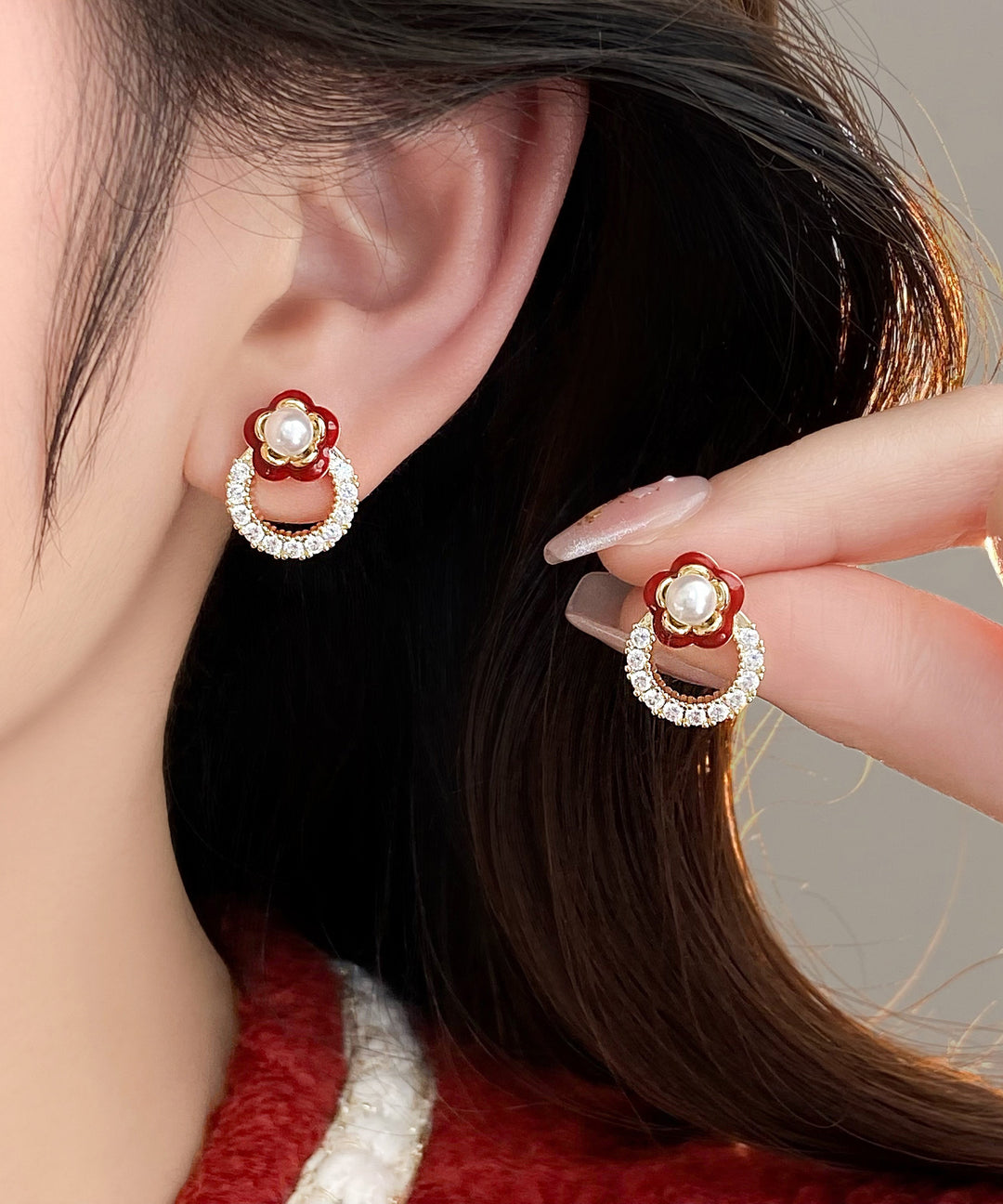 Chic Red Copper Alloy Zircon Camellia Flower Stud Earrings