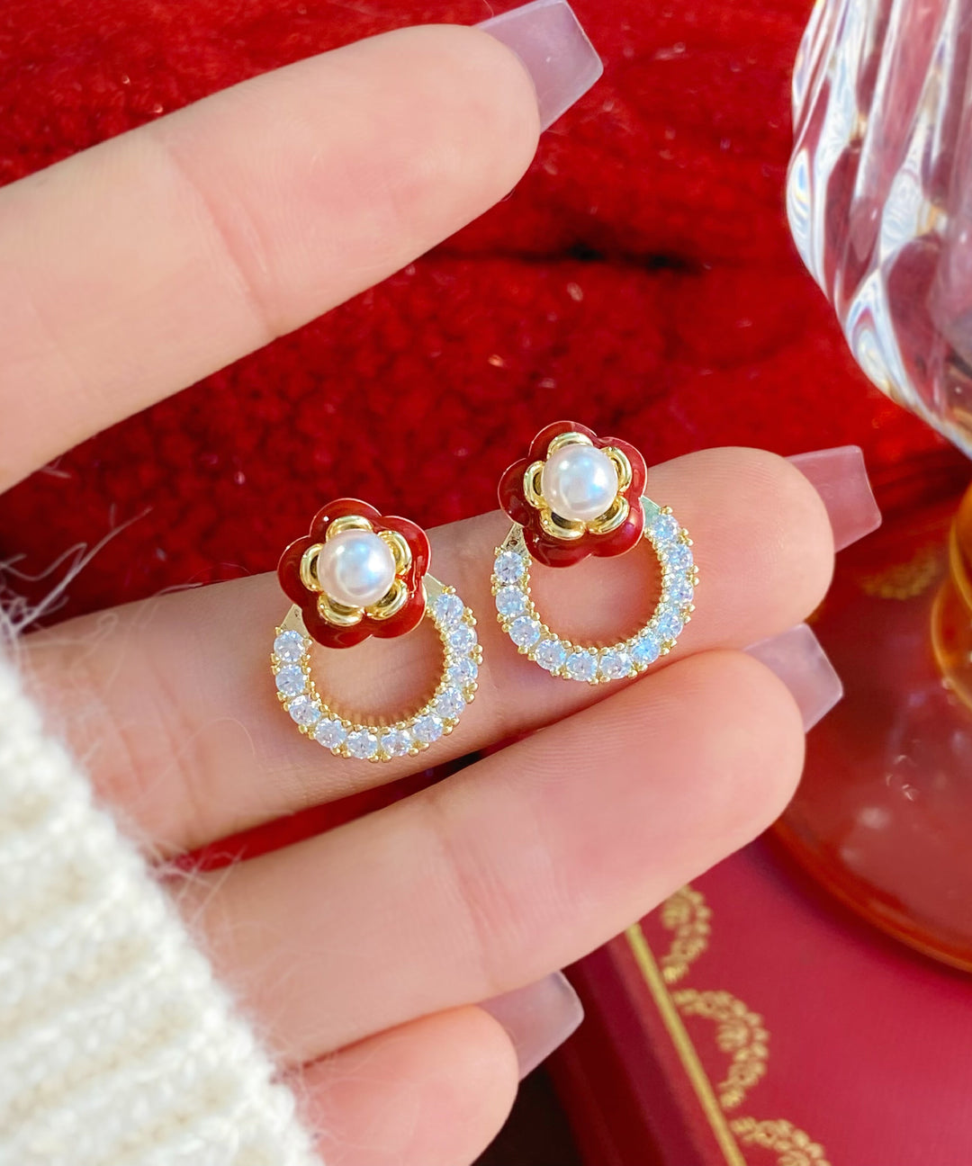 Chic Red Copper Alloy Zircon Camellia Flower Stud Earrings