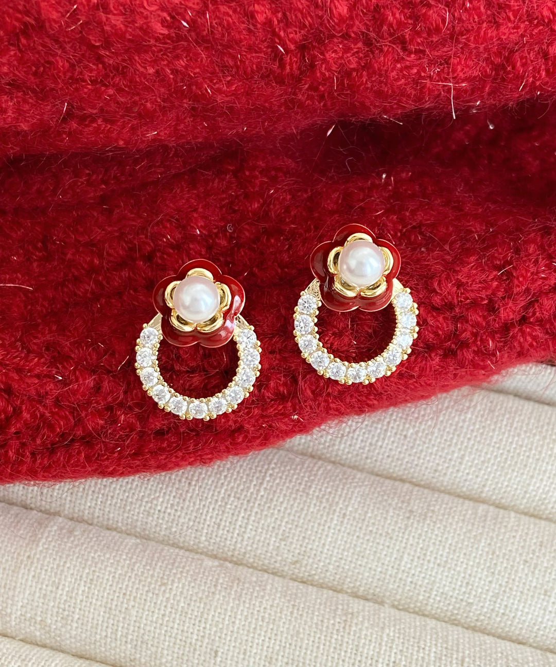 Chic Red Copper Alloy Zircon Camellia Flower Stud Earrings