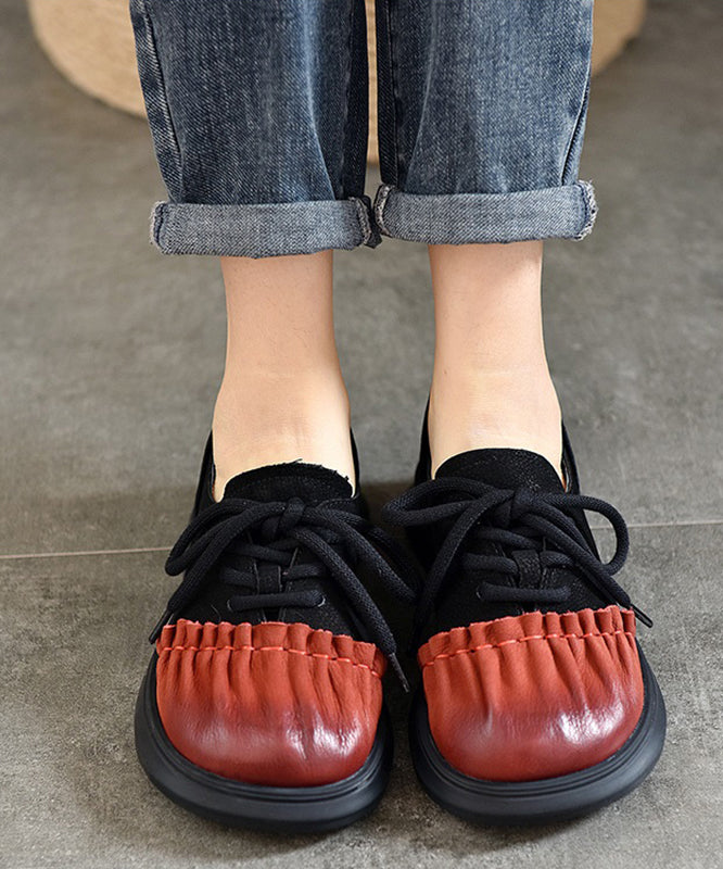 Chic Red Cowhide Leather Wrinkle Splicing Lace Up Flats Shoes