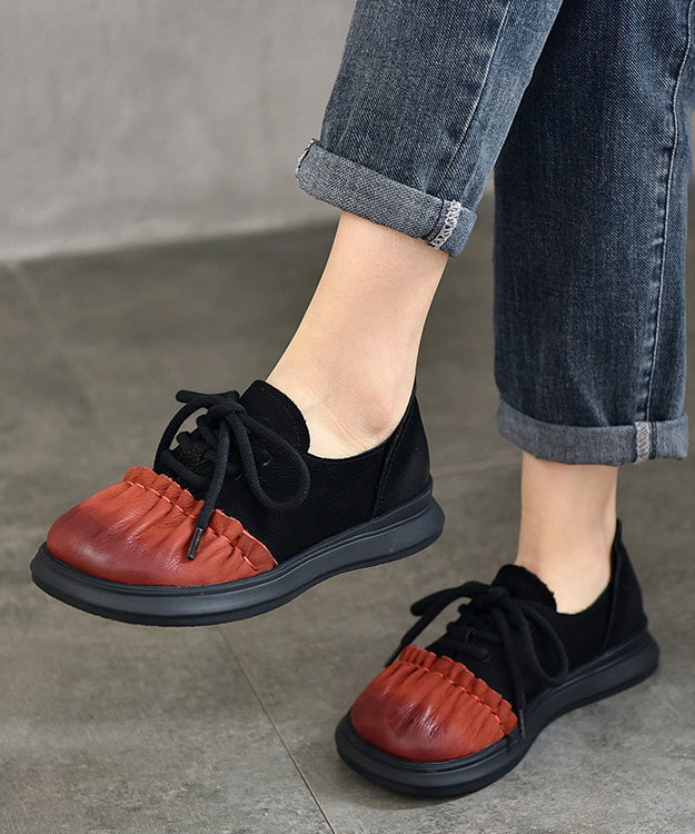 Chic Red Cowhide Leather Wrinkle Splicing Lace Up Flats Shoes