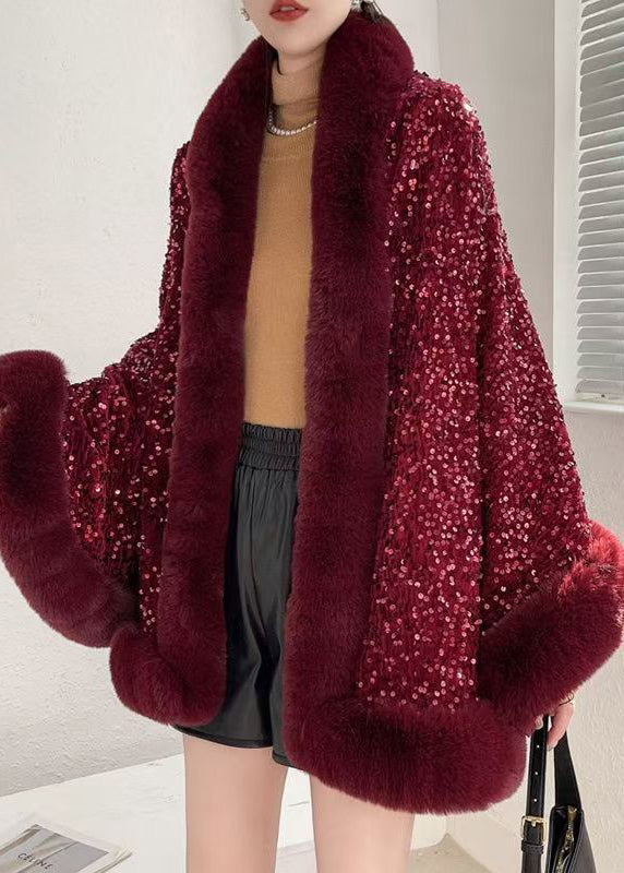 Chic Red Fur Collar Sequins Warm Fleece Cape Coat Winter