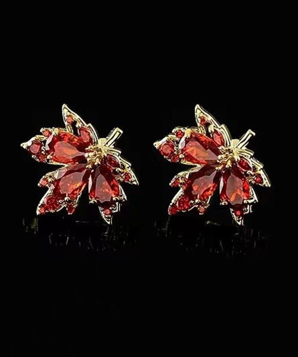 Chic Red Leaf Crystal Gilded Stud Earrings - Omychic