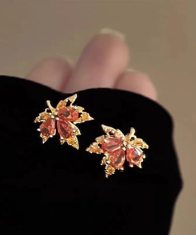 Chic Red Leaf Crystal Gilded Stud Earrings - Omychic