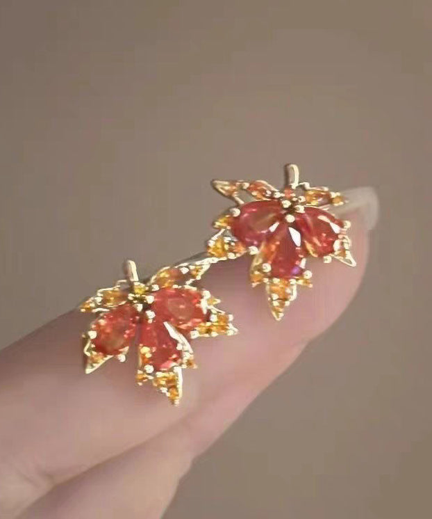 Chic Red Leaf Crystal Gilded Stud Earrings - Omychic