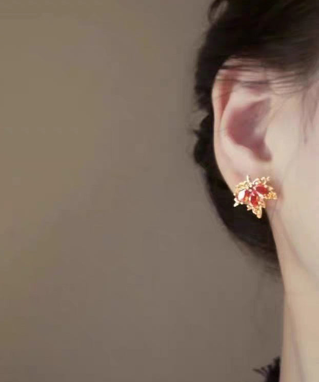 Chic Red Leaf Crystal Gilded Stud Earrings - Omychic