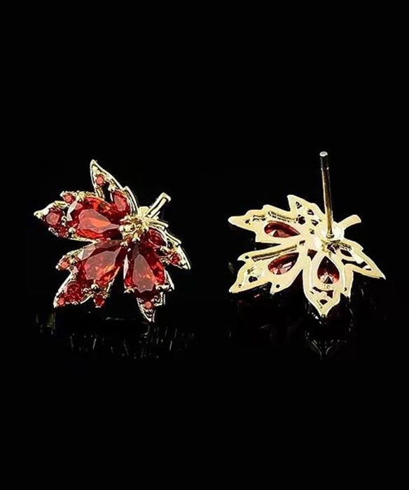 Chic Red Leaf Crystal Gilded Stud Earrings - Omychic