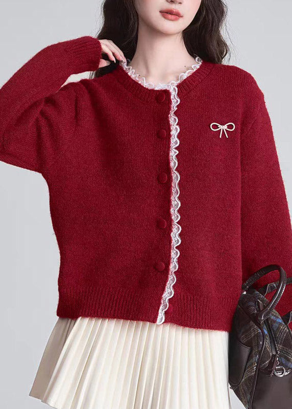 Chic Red O-Neck Lace Patchwork Cotton Knit Cardigan Fall