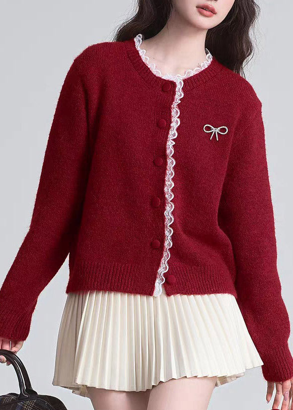 Chic Red O-Neck Lace Patchwork Cotton Knit Cardigan Fall