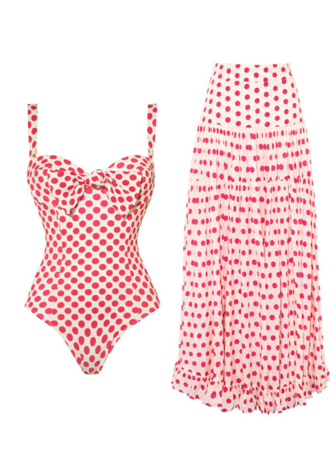 Chic Red Oversized Dot Print Chiffon Swimwear Two Piece Set Summer