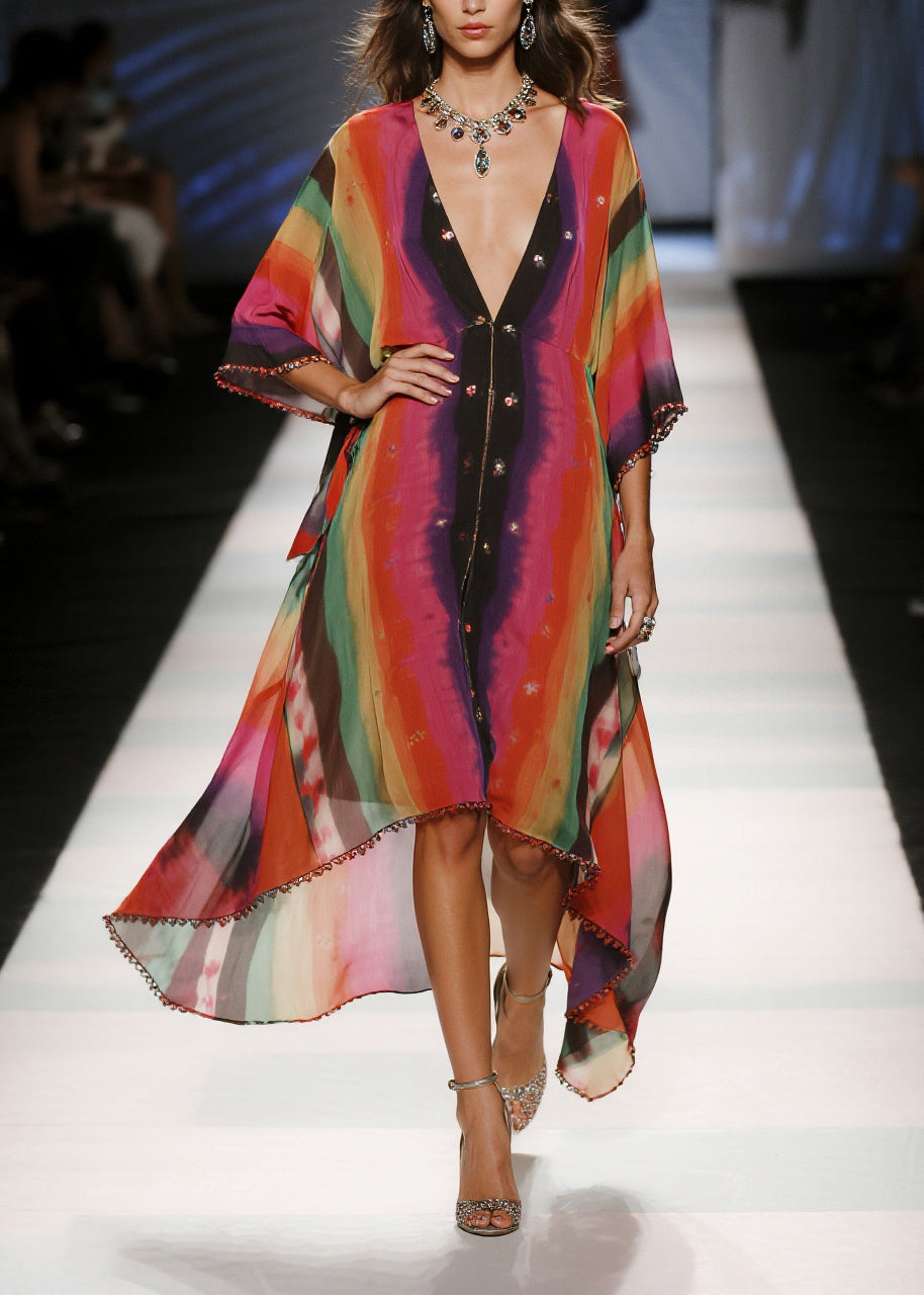 Chic Red Oversized Tie Dye Draping Chiffon Vacation Dresses Summer