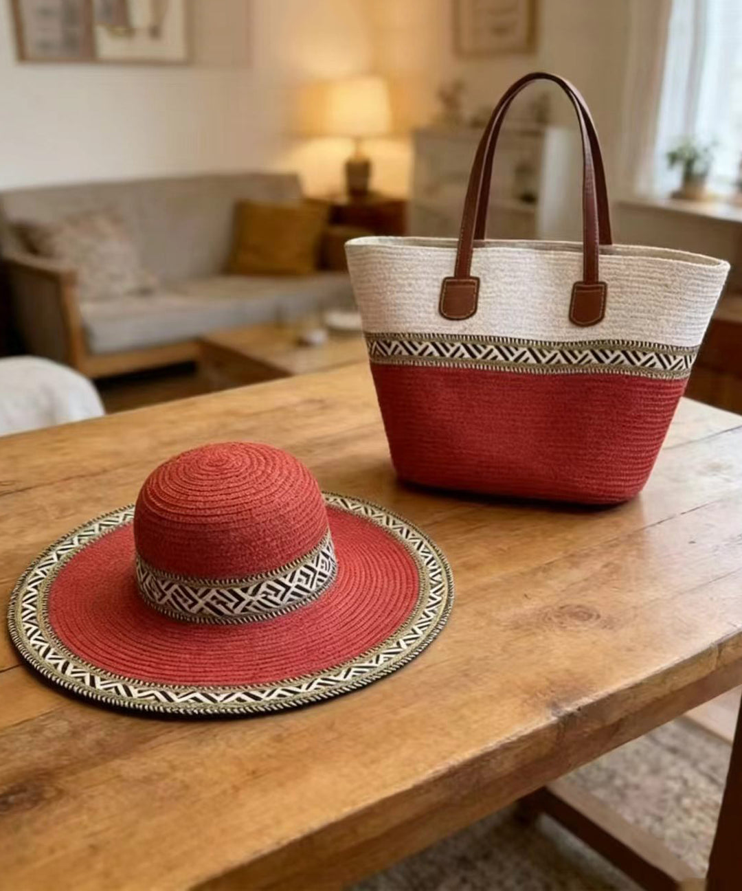 Chic Red Patchwork Solid Durable Straw Woven Floppy Sun Hat And Shoulder Handbag Two Pieces Set
