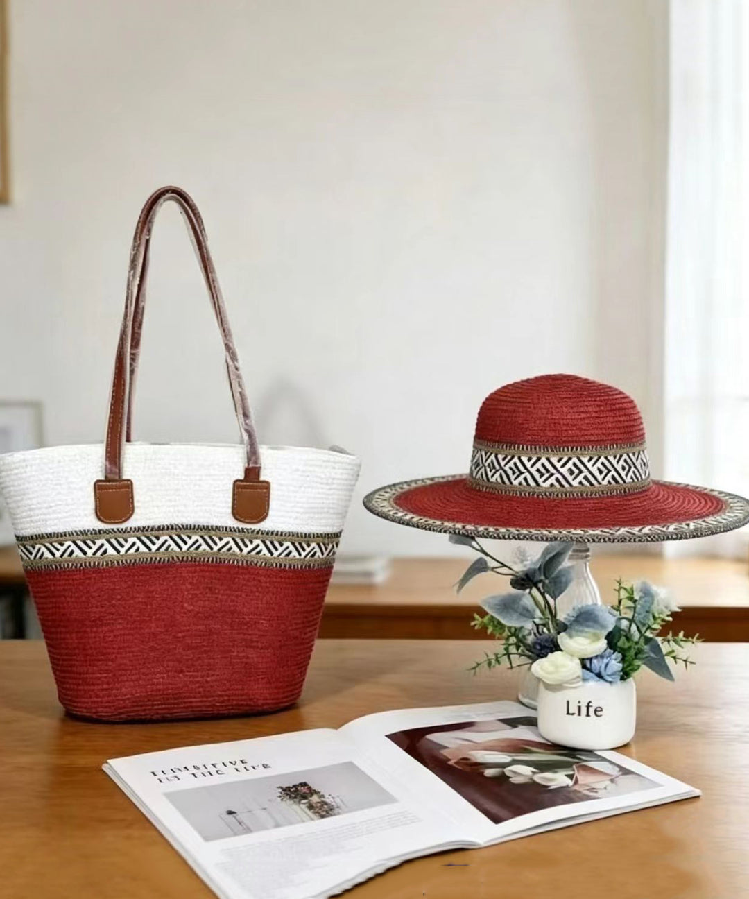 Chic Red Patchwork Solid Durable Straw Woven Floppy Sun Hat And Shoulder Handbag Two Pieces Set