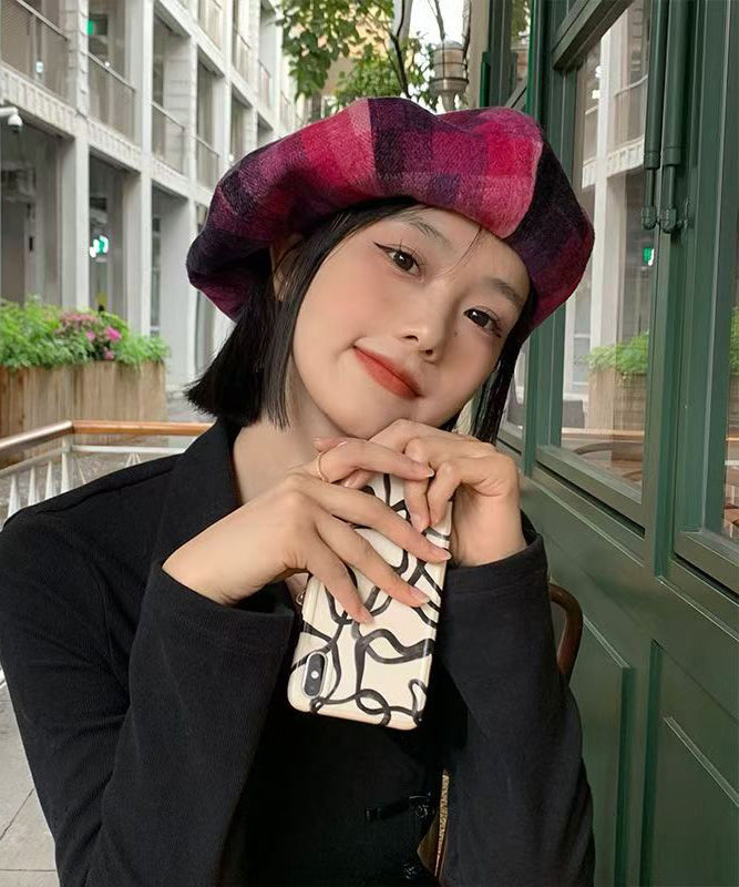 Chic Red Plaid Versatile Woolen Beret Hat
