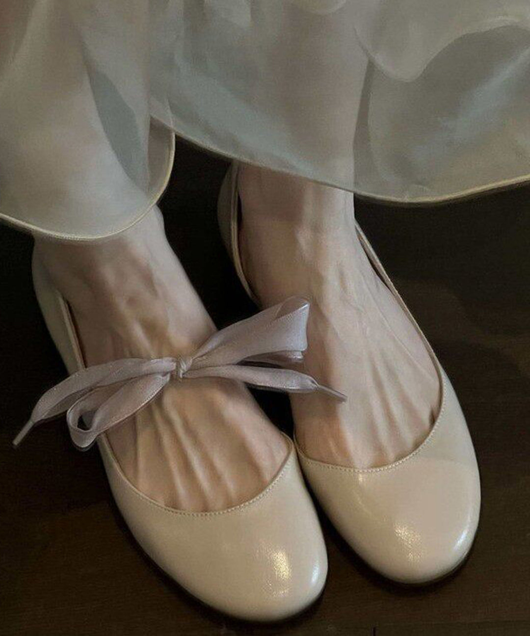 Chic Red Round Toe Shallow Mouth Ribbon Faux Leather Ballet Flats Shoes