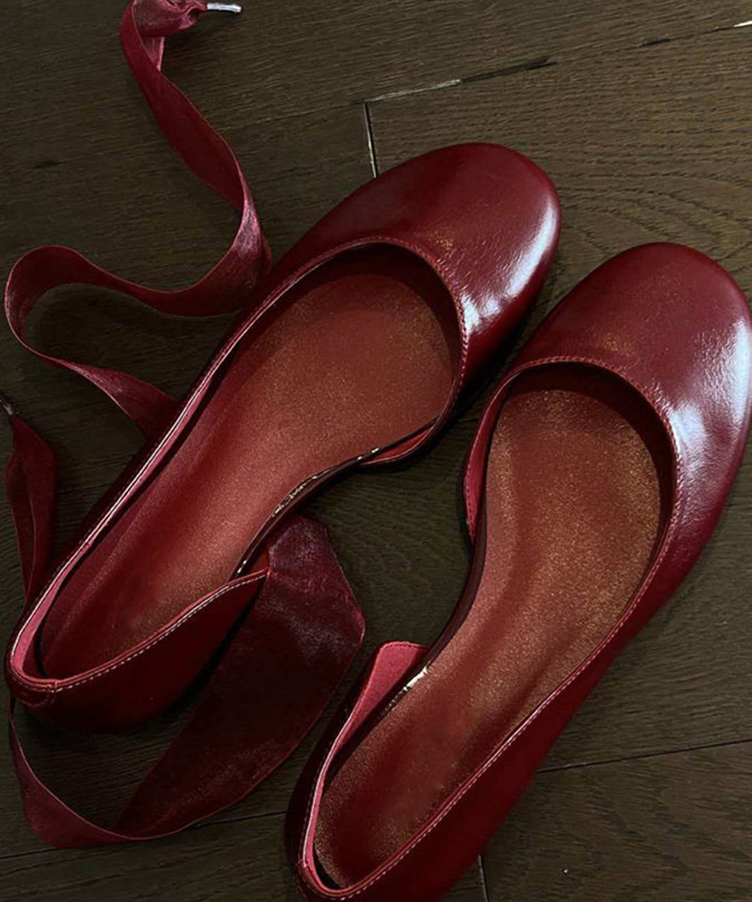 Chic Red Round Toe Shallow Mouth Ribbon Faux Leather Ballet Flats Shoes