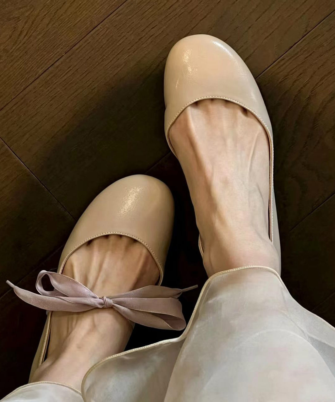 Chic Red Round Toe Shallow Mouth Ribbon Faux Leather Ballet Flats Shoes