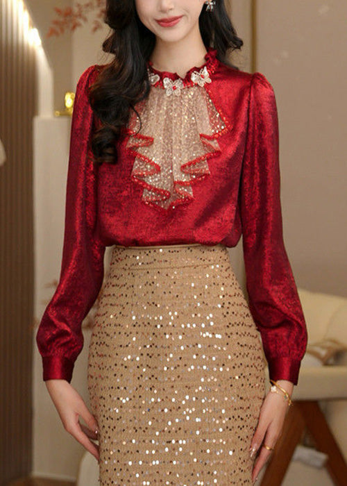 Chic Red Ruffled Sequins Patchwork Silk Blouse Tops Fall